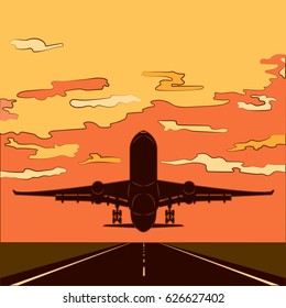 Air travel Vector illustration The airplane is taking off from the runway at sunset Comic's style