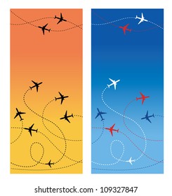 Air Travel. Vertical Two Cards. All Lines Are Flight Paths Of Commercial Airline Passenger Jets Flying In Air Traffic.