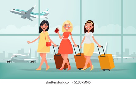 Air Travel To Warm Countries. Three Happy Friends Women With Luggage At The Airport Are Going On Vacation. Vector Illustration In Cartoon Style.