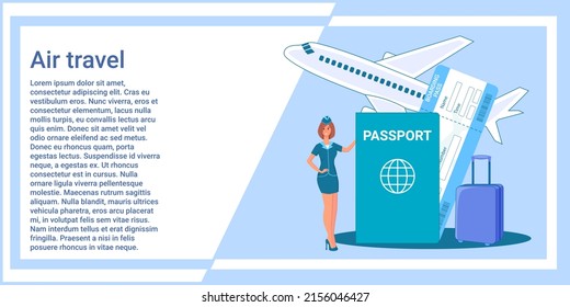 Air travel.A flight attendant with a passport and a ticket in her hands offers to go on a flight and travel against the background of a flying plane.The concept of air travel.Vector illustration.