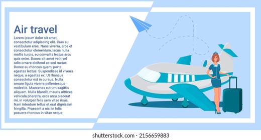 Air travel.A flight attendant with a passport and a ticket in her hands offers to go on a flight and travel against the background of a flying plane.The concept of air travel.Vector illustration.