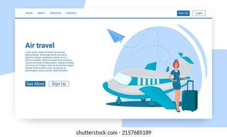 Air travel.A flight attendant with a passport and a ticket in her hands offers to go on a flight and travel against the background of a flying plane.The concept of air travel.Vector illustration.
