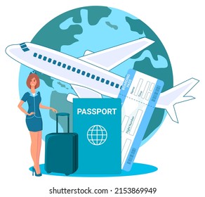 Air travel.A flight attendant with a suitcase in her hands offers to go on a flight and travel against the background of the globe.The concept of air travel.Vector illustration.