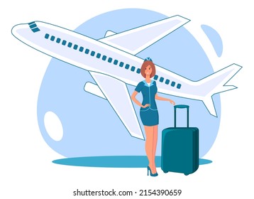 Air travel.A flight attendant with a suitcase in her hands offers to go on a flight and travel.The concept of air travel.Vector illustration.