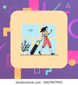 Air traveler with luggage walking through airport. Passenger wheeling suitcase flat vector illustration. Airliner, flight, trip concept for banner, website design or landing web page