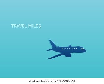 Air traveling and rewards program concept. Vector silhouette of a plane on blue background 