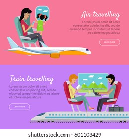 Air Traveling and train traveling banners set. Woman listening music while flight with her little daughter. Young couple relaxing sitting in comfortable armchairs in express. Family vacation