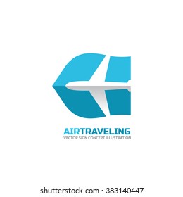 Air traveling - vector logo template. Aircraft silhouette illustration for transportation and travel agency. Airplane sign. Tickets company symbol. Minimal classic style. 