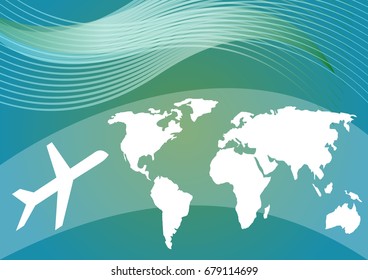 Air travelling background with stylized world map and silhouette of an airplane on blue and green gradient area