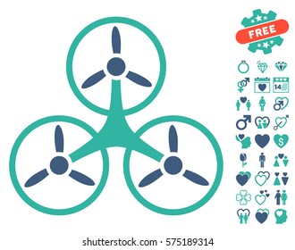 Air Tricopter icon with bonus amour pictograph collection. Vector illustration style is flat rounded iconic cobalt and cyan symbols on white background.