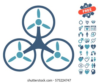 Air Tricopter icon with bonus dating images. Vector illustration style is flat rounded iconic cyan and blue symbols on white background.