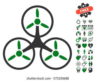 Air Tricopter icon with bonus valentine clip art. Vector illustration style is flat rounded iconic green and gray symbols on white background.