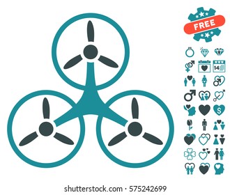 Air Tricopter pictograph with bonus decoration graphic icons. Vector illustration style is flat rounded iconic soft blue symbols on white background.