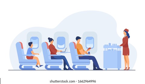 Air trip with comfort flat vector illustration. Passengers waiting for airline meal. People travelling by plane and sitting near airplane window. Airline, tourism and journey concept.