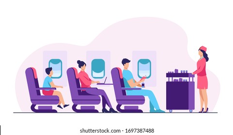 Air trip with comfort flat vector illustration. Passengers waiting for airline meal. People travelling by plane and sitting near airplane window. Airline, tourism and journey concept.