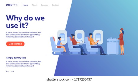 Air trip with comfort flat vector illustration. Passengers waiting for airline meal. People travelling by plane and sitting near airplane window. Airline, tourism and journey concept.