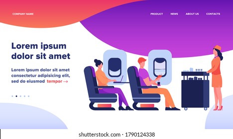 Air trip with comfort flat vector illustration. Passengers waiting for airline meal. People travelling by plane and sitting near airplane window. Airline, tourism and journey concept.