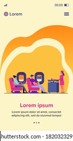 Viaje aéreo con una cómoda ilustración vectorial plana. Pasajeros esperando comida de la aerolínea. Personas viajando en avión y sentadas cerca de la ventana del avión. Aerolíneas, turismo y concepto de viaje.
