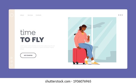 Air Trip Landing Page Template. Female Character Sit on Luggage Hold Smartphone in Hands Waiting Departure in Airport Terminal Area. Woman Passenger on Summer Vacation. Cartoon Vector Illustration