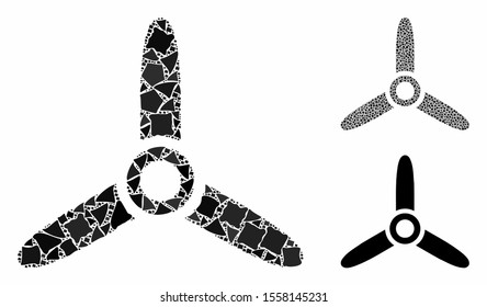 Air turbine mosaic of abrupt elements in different sizes and shades, based on air turbine icon. Vector bumpy elements are organized into mosaic. Air turbine icons collage with dotted pattern.