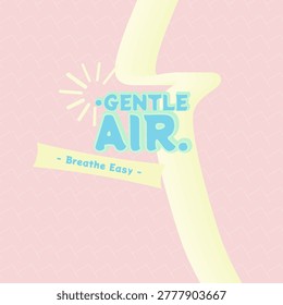 •GENTLE AIR. typography, rainbow reverse pastel color palette, layered line backdrop, sunburst fan, multi stroke lettering, angled slogan tag, plus grid edge accents pattern, with petal pink, pale sun, mint leaf, cyan sky color
