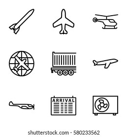 air vector icons. Set of 9 air outline icons such as plane, helicopter, arrival table, cargo trailer, air conditioner