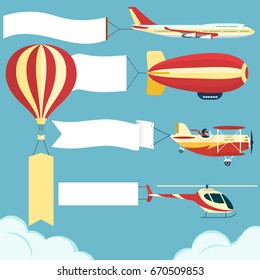 Air vehicle with banner set. Airplane, Dirigible, hot air balloon with blank poster. Plane, Zeppelin Biplane, helicopter with white ribbon in blue sky. Vector