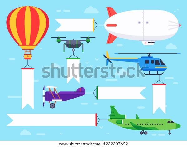 Air vehicles
banner. Flying helicopter sign, airplane banner message and vintage
zeppelin ad or aviation aircraft advertisement vehicle. Flat vector
illustration isolated icons
set