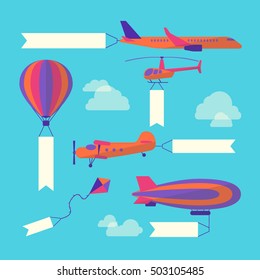 Air Vehicles Banners Set. Vector Cartoon set with ribbons. Plane, Aeroplane, helicopters, hot balloon, Dirigible and Kite Flying colorful flat  transports. Flight banner flag