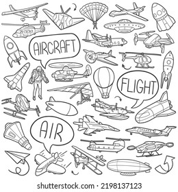 Air Vehicles Doodle Icons. Hand Made Line Art. Aircraft Clipart Logotype Symbol Design.