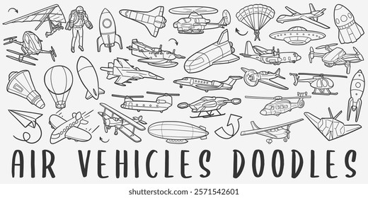 Air Vehicles Doodle Icons. Hand Made Line Art. Aircraft Clipart Logotype Symbol Design.