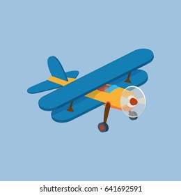 Air vehicles. Front side view of airplane biplane with piston engine and propeller. Modern vector illustration isolated on white background.