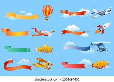 Air vehicles with horizontal banners set, helicopter, airplane, biplane, airship with ribbons vector Illustrations