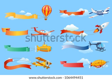 Air vehicles with horizontal banners set, helicopter, airplane, biplane, airship with ribbons vector Illustrations