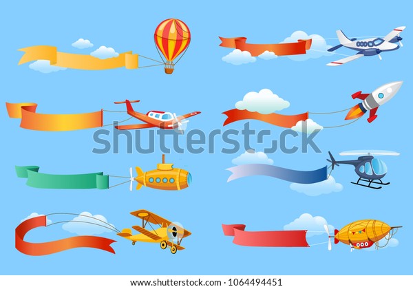 横断幕と航空機 ヘリコプター 飛行機 バイプレーン リボンと飛行船ベクターイラスト のベクター画像素材 ロイヤリティフリー