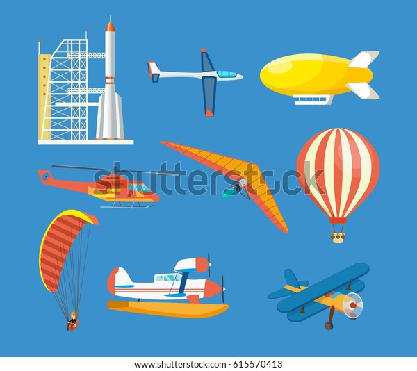 航空機 基地付きミサイル ハングライダー ヘリコプター 飛行船 気球 パラグライダー 二面飛行機 陸上滑空機 両生類航空機 青の背景に現代のベクター イラスト のベクター画像素材 ロイヤリティフリー