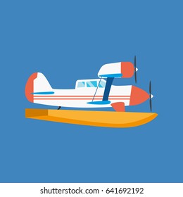 Air vehicles. Modern amphibian seaplane floating in the air and floating on the water. Modern vector illustration isolated on white background.