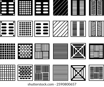 Air vent black glyph icon set. Hvac system Wall cover Fresh air delivery Home ventilation. Room temperature Silhouette symbols on white space Solid pictogram. Vector isolated on transparent background