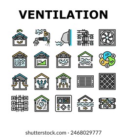 air ventilation cold fan icons set vector. conditioner wind, heat climate, condition hot, flow house, control system technology air ventilation cold fan color line illustrations