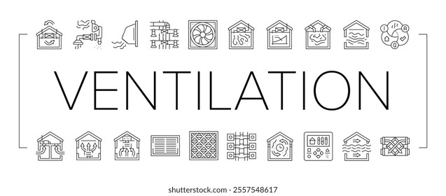 air ventilation cold fan icons set vector. conditioner wind, heat climate, condition hot, flow house, control system technology air ventilation cold fan black contour illustrations