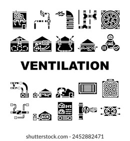 Luftbelüftung Kaltwind Wärme Icons Set Vektorgrafik. Konditionierer Zustand, Strömungsklima, Heißtechnologie, Frischhaus, Kontrolle Kühlluftbelüftung Kaltwind Wärme Glyph Piktogramm Illustrationen