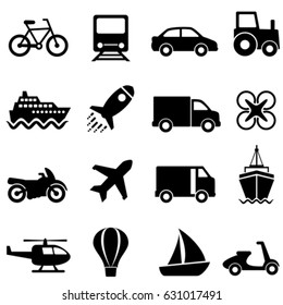 Air, water and land mode of transportation icon set