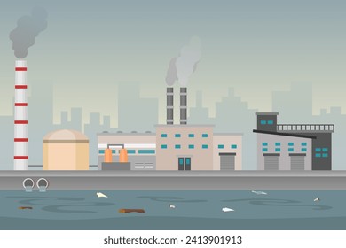 Air and water pollution by industrial production. Factory industry pollution. Vector illustration.