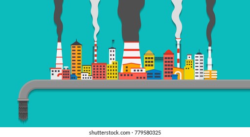 Air and water pollution concept. Factory with pipes and chimneys. Vector illustration.