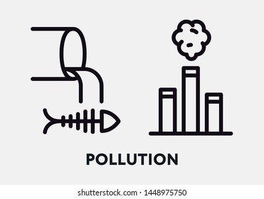 Air and Water Pollution. Dead Fish, Factory Tube Smoke. Flat Line Icon.