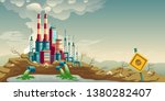 Air, water and soil pollution by industrial production cartoon vector concept. Working plant, factory emitting smoke through chimneys, pouring toxic waste chemicals in river through pipes illustration