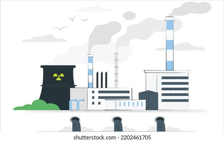 Air, Water And Soil Pollution By Industrial Production Cartoon Vector Concept. Working Plant, Factory Emitting Smoke Through Chimneys, Pouring Toxic Waste Chemicals In River Through Pipes Illustration