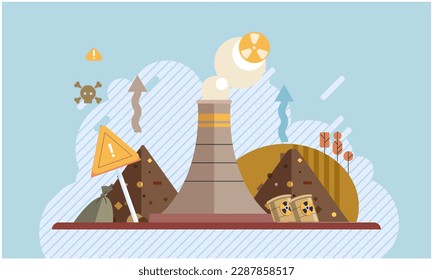 Air, water and soil pollution by industrial production. Working plant, factory emitting smoke through chimneys, pouring toxic waste chemicals through pipes, environmental problem, harmful manufacture