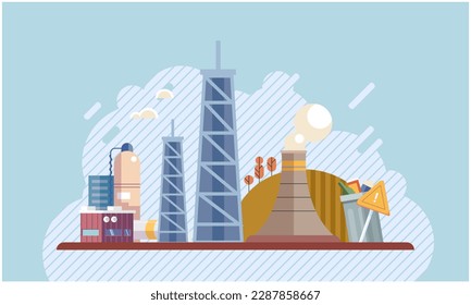 Air, water and soil pollution by industrial production. Working plant, factory emitting smoke through chimneys, pouring toxic waste chemicals through pipes, environmental problem, harmful manufacture