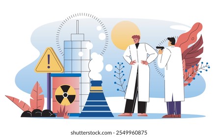 Air water soil pollution. Environmentalists evaluate nuclear power plant. Caring for nature, ecology and environment. Ecological research. Flat vector illustration isolated on white background